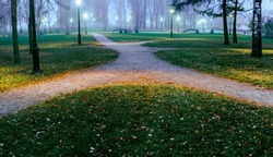 Paths, trails, routes converge and diverge in different directions in the foggy twilight and the light of night lanterns in the park in late autumn.