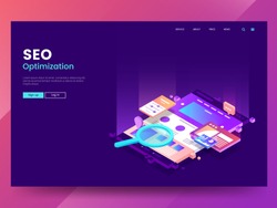 Seo optimization web page template. Isometric Web interface with different app. Colorful website illustration under a magnifying glass. Modern Landing page concept. Vector eps 10.