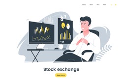 Broker watching the charts on the computer monitor. Stock trader. Male investor at work. Cryptocurrencies business. Stock trading on the exchange vector illustration.