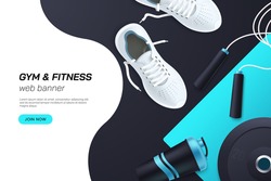 Web page concept for gym and fitness club. Flat lay composition with white sports sneakers, barbell plates, protein shaker, skipping rope. Healthy lifestyle. Realistic 3d style. Vector illustration