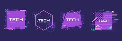 Modern technology banners collection in cyberpunk style. Abstract sci-fi text boxes with glitch effect. Futuristic hi-tech badges. Colorful glitchy background set. Vector illustration.
