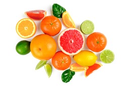 Flat lay composition with citrus fruits, leaves and flowers on white background. High quality photo