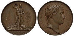 France French medal mid-19th century Battle of Friedland  1807, allegorical ancient warrior putting sword in sheath, tree, dead enemies, Napoleon laureate head right, 