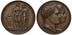 France French medal mid-19th century Napoleon second marriage to Louisa of Austria in 1810, two standing figures near altar, conjoined heads of Napoleon and Louisa right, bronze