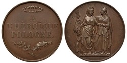 France French medal 1831, to heroic Poland, wreath of stars above, in memory of Polish uprising in 1831, allegorical France consoles supports allegorical Poland, inscription in French You will not die