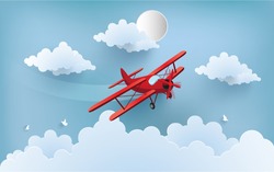 illustration of an airplane over a cloud. design paper art and handicraft