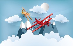 illustration of an airplane over a cloud. design paper art and handicraft