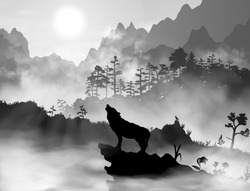 Silhouette of the wolf howling at the moon at night (or morning) in front of the mountains inside the mist clouds. Hight detailed realistic black and white vector illustration.
