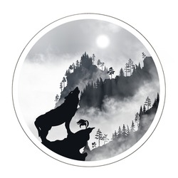 Silhouette of the wolf howling at the moon at night (or sun at early  morning) in front of the mountains inside the beautiful fog clouds. Hight detailed realistic black and white vector illustration.

