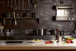 Work surface and kitchen equipment in professional kitchen