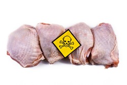 Raw chicken meat with yellow poisonous skull warning sign, concept for meat contaminated with bacterium, germs, antibiotics and other residue possibly harmful to human health