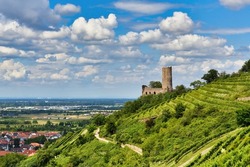 View on Odenwald fores hill with German castle ruin and restaurant called Strahlenburg in Schriesheim city