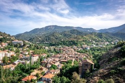 Aerial view of Kakopetria, famous picturesque village in Troodos Mountains. Cyprus.