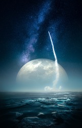 Fictional image of a rocket launch on icy planet surface with huge moon and milky way on background. Some elements of this image furnished by NASA.