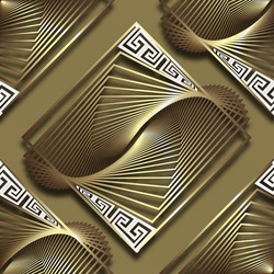 3d gold fractals seamless pattern. Vector ornamental elegant background. Repeat golden backdrop. Trendy creative ornaments. Abstract modern design. Greek key, meander, lines, shapes, fractal, shadows.