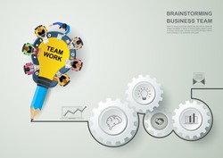 Business meeting and brainstorming. Idea and business concept for teamwork. Vector illustration infographic template with people, team, light bulb and icon.