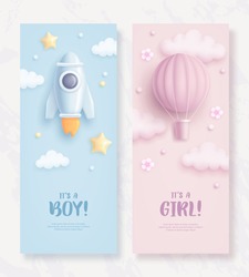 Set of baby shower rollup with cartoon rocket and air balloon on blue and pink background. It's a boy. It's a girl. Vector illustration