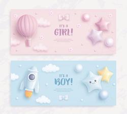 Set of baby shower invitation with cartoon hot air balloon, rocket, helium balloons and flowers on blue and pink background. It's a boy. It's a girl. Vector illustration