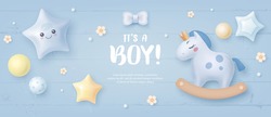Baby shower horizontal banner with cartoon horse, helium balloons and flowers on blue wooden background. It's a boy. Vector illustration