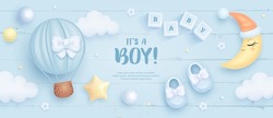 Baby shower horizontal banner with cartoon hot air balloon, shoes, crescent moon and helium balloons on blue background. It's a boy. Vector illustration