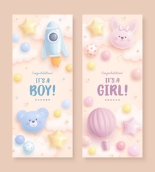Set of baby shower vertical banner with cartoon rocket and hot air balloon on blue and pink background. It's a boy. It's a girl. Vector illustration