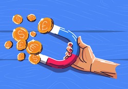 Vector illustration of a hand holding a magnet attracting gold coins using a magnet