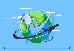 vector illustration of the silhouette of an airplane rounding around the planet, the plane is flying, the planet earth, a passenger plane over the planet earth