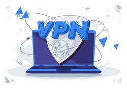 Vector illustration of accessing the Internet via VPN using a laptop, a shield with the inscription VPN
