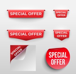 Set of red banner Special Offer. Vector illustration. Isolated on white background.