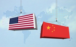 USA and China import export trade war concept. Cargo containers collision as USA and China business finance economic trade tension conflict and  trade deficit symbol. Vector illustration.