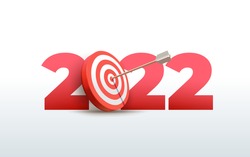 2022 New Year realistic target and goals with symbol of 2022 from red archery target, arrows archer and number. Vector resolution and target for new year 2022 concept. Illustration on white background