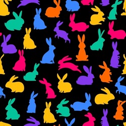 Seamless colorful rabbit pattern. Texture colorful bunnies on a black background. Christmas creative typography for holiday greeting cards banner, gift wrapping paper. Hand drawn vector illustration