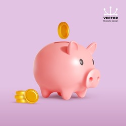Pig piggy bank and gold coins. Money creative business concept. Realistic vector 3d design. Financial services. Safe finance investment. Website Landing. Stability, security of money storage.