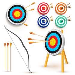 Set of target with 3 arrows. Dart arrow hitting center target on white background, flat vector illustration