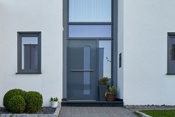 Facade of a modern house with a gray front door and potted flowers.