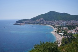Aerial view of the resort town of Budva and the best beaches in Montenegro.
