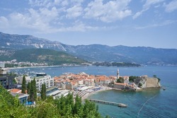 Aerial view of the old town in Budva, Montenegro.