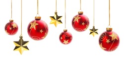 Shiny christms balls and gold stars isolated on white.