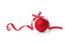 Red christmas ball with ribbon bow on white background.