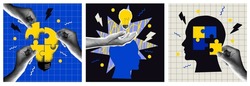 Creative mind, brainstorm. Abstract human head silhouette and hand holding bulb lamp surrounded geometric shapes. Team connecting puzzle symbolized creative idea on blueprint. Vector illustration	
