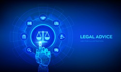 Labor law, Lawyer, Attorney at law, Legal advice concept on virtual screen. Internet law and cyberlaw as digital legal services or online lawyer advice. Robotic hand touching digital interface. Vector