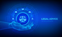 Labor law, Lawyer, Attorney at law, Legal advice concept on virtual screen. Internetlaw and cyberlaw as digital legal services or online lawyer advice. Law sign in robotic hand. Vector illustration.