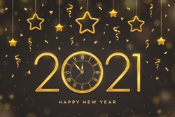 Happy New 2021 Year. Gold metallic numbers 2021 and watch with Roman numeral and countdown midnight, eve for New Year. Hanging golden stars on dark background. Holiday decoration. Vector illustration.