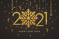 Happy New 2021 Year. Hanging Golden metallic numbers 2021 with shining snowflake and confetti on black background. New Year greeting card or banner template. Holiday decoration. Vector illustration.