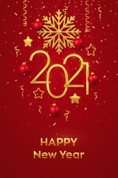 Happy New 2021 Year. Hanging Golden metallic numbers 2021 with shining snowflake, 3D metallic stars, balls and confetti on red background. New Year greeting card or banner template. Vector.