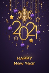 Happy New 2021 Year. Hanging Golden metallic numbers 2021 with shining snowflake, 3D metallic stars, balls and confetti on purple background. New Year greeting card or banner template. Vector.