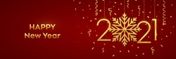 Happy New 2021 Year. Hanging Golden metallic numbers 2021 with shining snowflake and confetti on red background. New Year greeting card or banner template. Holiday decoration. Vector illustration.