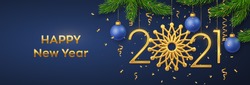 Happy New 2021 Year. Hanging Golden metallic numbers 2021 with snowflake, balls, pine branches and confetti on blue background. New Year greeting card or banner template. Holiday decoration. Vector.