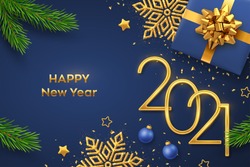 Happy New 2021 Year. Golden metallic numbers 2021 with gift box, shining snowflake, pine branches, stars, balls and confetti on blue background. New Year greeting card or banner template. Vector.
