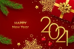 Happy New 2021 Year. Golden metallic numbers 2021 with gift box, shining snowflake, pine branches, stars, balls and confetti on red background. New Year greeting card or banner template. Vector.